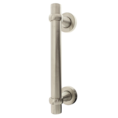 Matt gebürsteter Stoßgriff aus vernickeltem Messing für moderne Haustüren, 250 mm Länge.