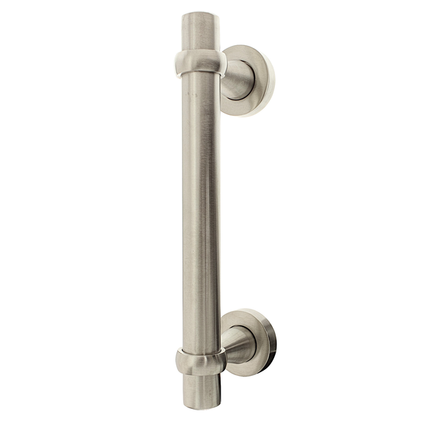 Matt gebürsteter Stoßgriff aus vernickeltem Messing für moderne Haustüren, 250 mm Länge.