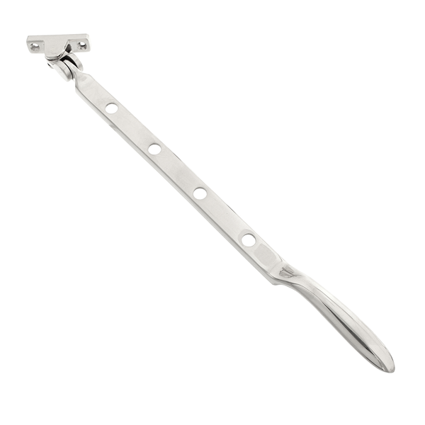 Hochglänzender Fensteraufsteller Modell N7861 aus vernickeltem Messing. 315 mm Spaltbreitenbegrenzer inklusive Befestigungsstiften für den Rahmen.