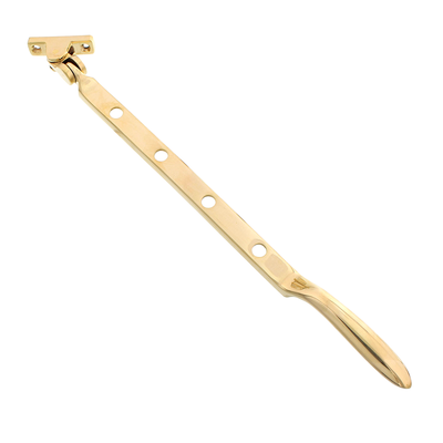Dunkel patinierter Messing-Fensterfeststeller Modell P7861. 315 mm lange Aufspreizstange inklusive gelochter Schiene und Feststellzapfen für Holzfenster.