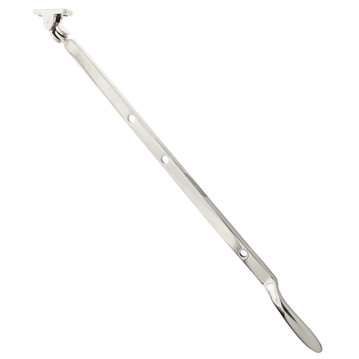 Hochglänzender, 460 mm langer Fensterfeststeller Modell N7862 aus vernickeltem Messing. Aufspreizstange mit Lochschiene und Arretierungszapfen.