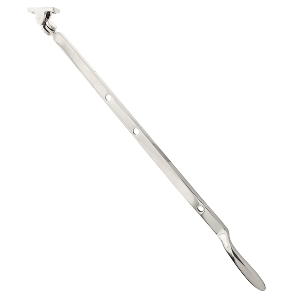 Hochglänzender, 460 mm langer Fensterfeststeller Modell N7862 aus vernickeltem Messing. Aufspreizstange mit Lochschiene und Arretierungszapfen.
