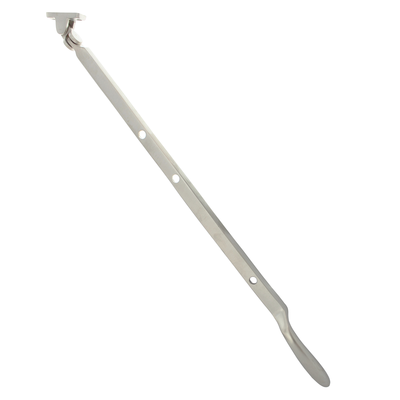 Matter Fensterfeststeller Modell NM7862 aus vernickeltem Messing. 460 mm lange Aufspreizstange mit Stellzapfen zur sicheren Fenster-Arretierung.