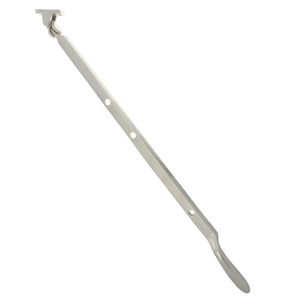 Matter Fensterfeststeller Modell NM7862 aus vernickeltem Messing. 460 mm lange Aufspreizstange mit Stellzapfen zur sicheren Fenster-Arretierung.