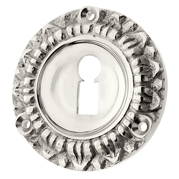 Schl&uuml;ssellochrosette aus Messing Gr&uuml;nderzeit au&szlig;ergew&ouml;hnliche Form silber