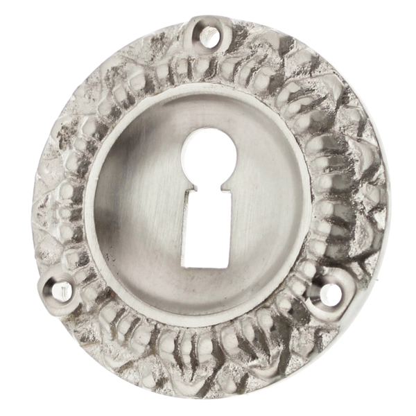 Gr&uuml;nderzeit Buntbartrosette aus Messing runde Form silber matt
