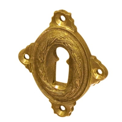 Schl&uuml;ssellochrosette aus Messing patiniert, matt gold, klassische Form..